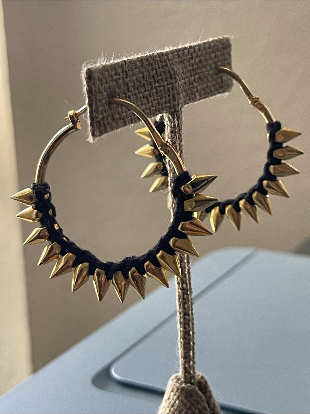 Gold Spike Hoop Earrings with Black leather Wrap - Women Jewelry
